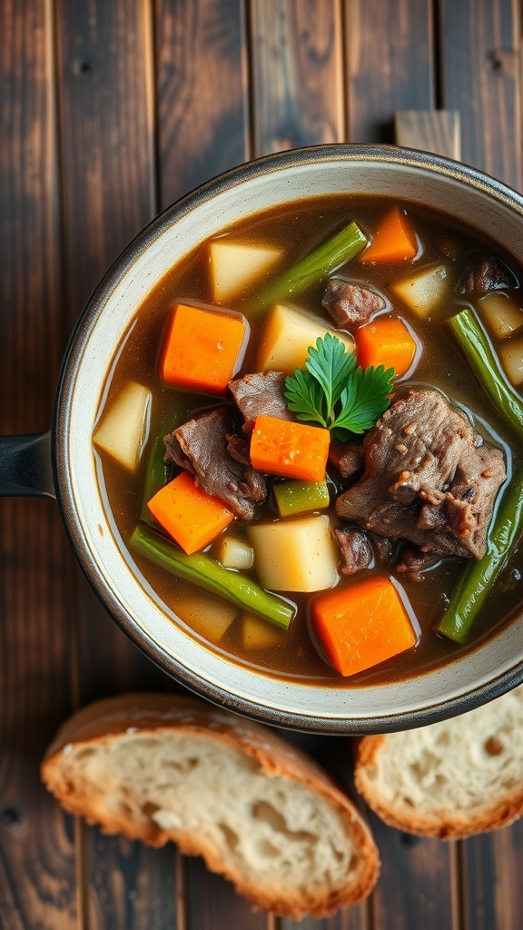 A hearty bowl of steak and vegetable soup with beef, carrots, potatoes, and green beans, garnished with parsley, served with crusty bread on a rustic table.